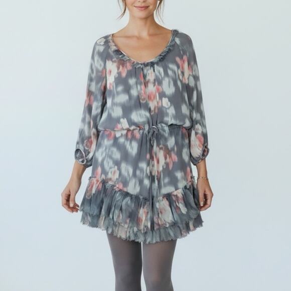 Rebecca Taylor Silk Floral Ruffle Hem Dress Gray Pink Tie Waist Long Sleeve 100% - Picture 1 of 15